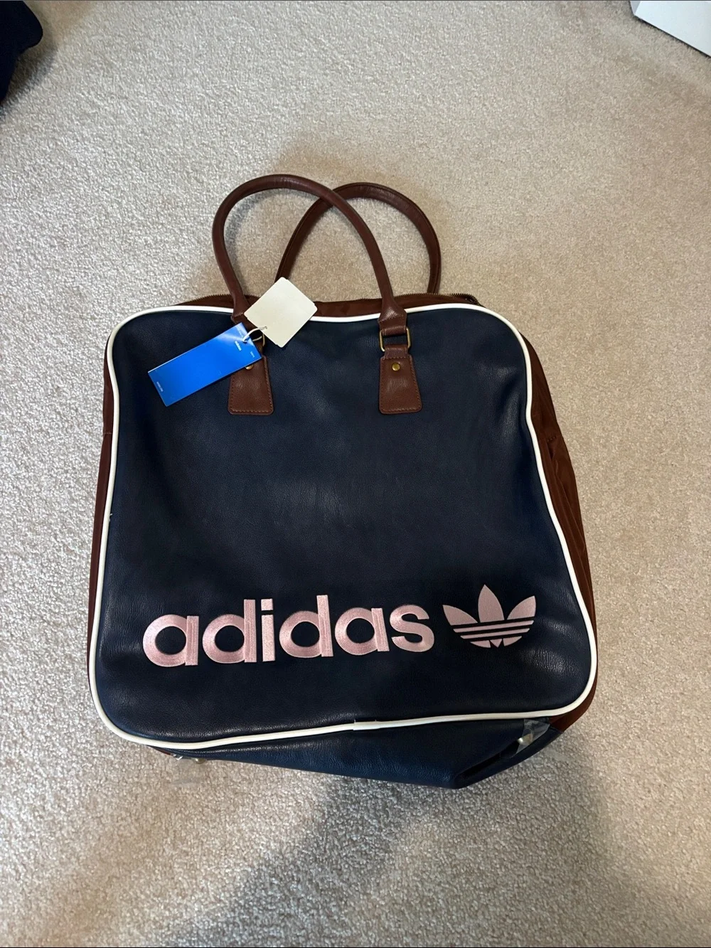 adidas Navy leather Duffel Bag with Brown Accents and Pink Logo